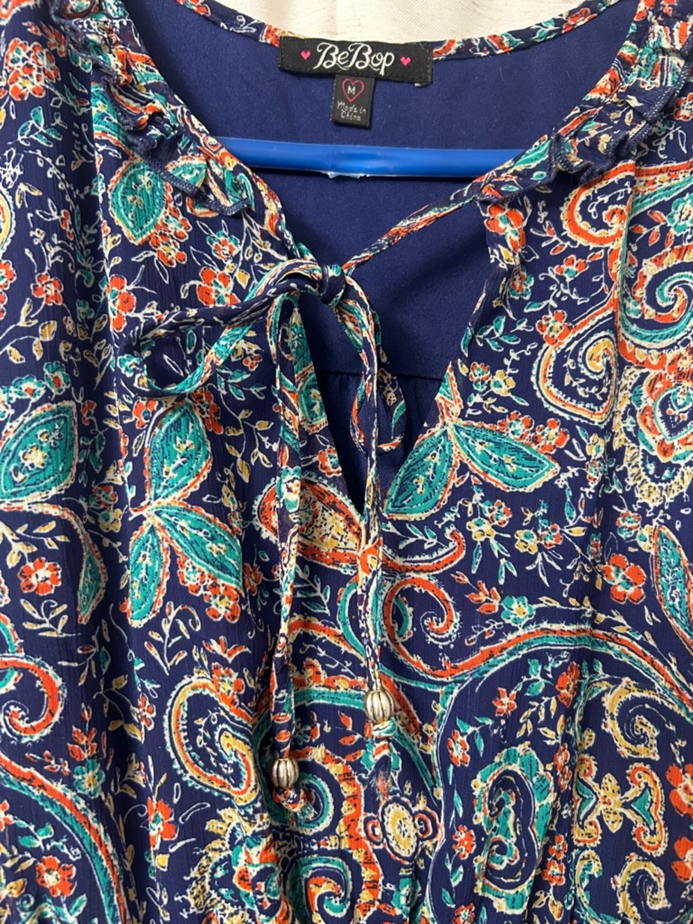 BeBop Navy Paisley Tie-Front Tiered Mini Dress with Teal & Coral Accents - Picture 4 of 6